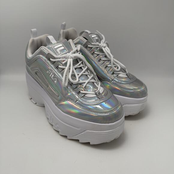 Fila Disruptor 2 Shoes Womens Sz 10 Silver Chrome Iridescent Platform Festival - Picture 2 of 9